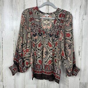 Joie 100% silk‎ top shirt balloon sleeve paisley print size XS sheer boho hippie